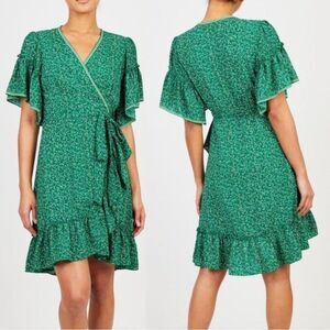 Max Studio Green Geometric Bubble Crepe Wrap Mini Dress XL